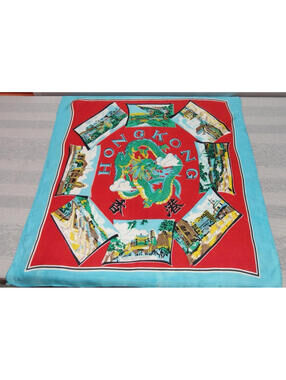 Vintage 1940s 50s Green Dragon Scarf HONG KONG Bably Blue Chinese Red Landscapes